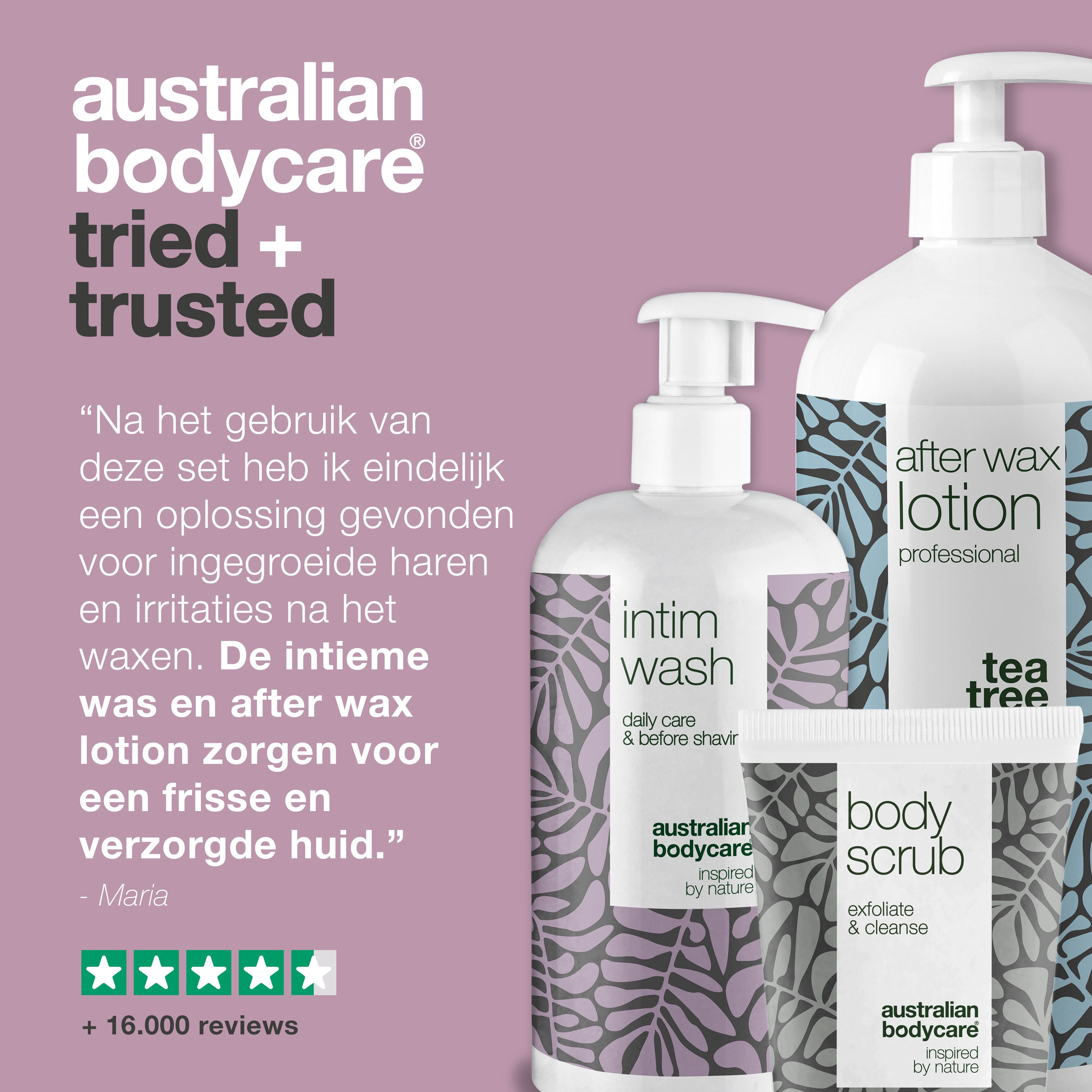 Drie producten: Intim Wash, After Wax Lotion, Body Scrub. Tekst: Australian Bodycare. Tekst in het Nederlands.