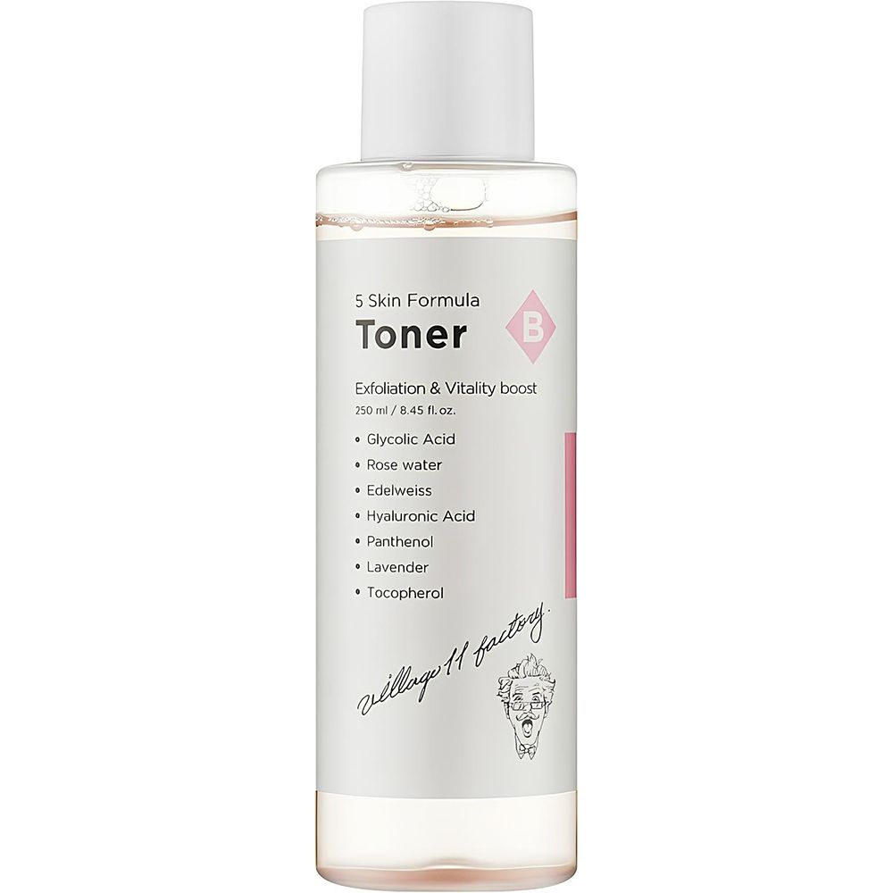 Toner pour la peau avec bouchon blanc et étiquette. Contient de l'acide glycolique et de l'eau de rose. Marque: Village 11 Factory.