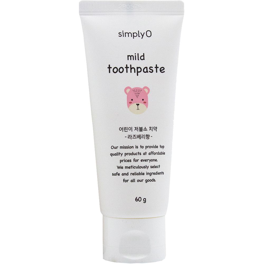 Witte tube met "simplyO mild toothpaste". Beer illustratie. Koreaanse en Engelse tekst. 60g.