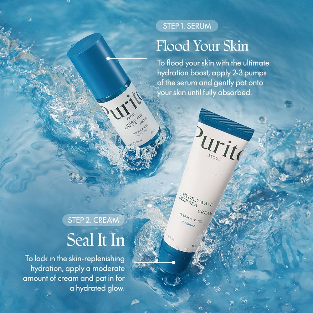 Twee producten in water. Boven: fles met blauwe dop. Onder: tube. Tekst: Serum, Crème. Opschrift: PURITO, Hydro Wave Deep Sea.