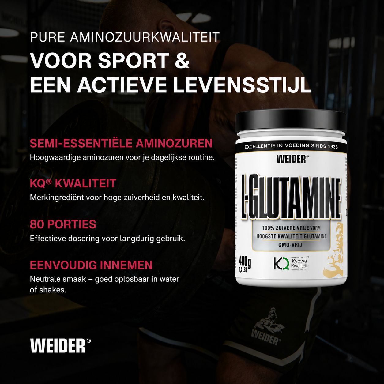 Weider L-Glutamine pot (400g) met tekst over pure aminozuurkwaliteit voor sport en een actieve levensstijl.