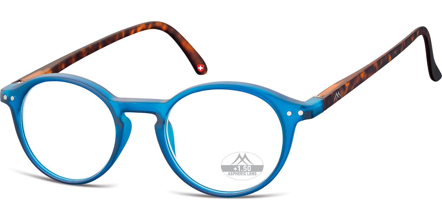 Blauwe bril met ronde glazen en bruine pootjes. Montana Eyewear logo op het glas. Rood Zwitsers kruisje op de poot.