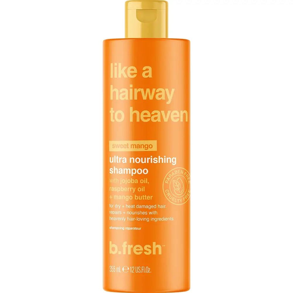 Flacon de shampooing orange avec bouchon jaune. Inscription : "like a hairway to heaven", "b.fresh" et informations produit.