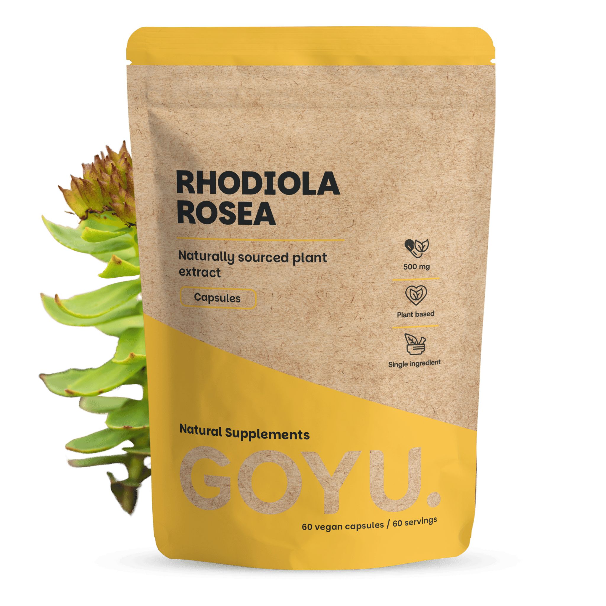 Bruine papieren zak met Rhodiola Rosea capsules, 500 mg, plantaardig, enkel ingrediënt. Merk: GOYU.