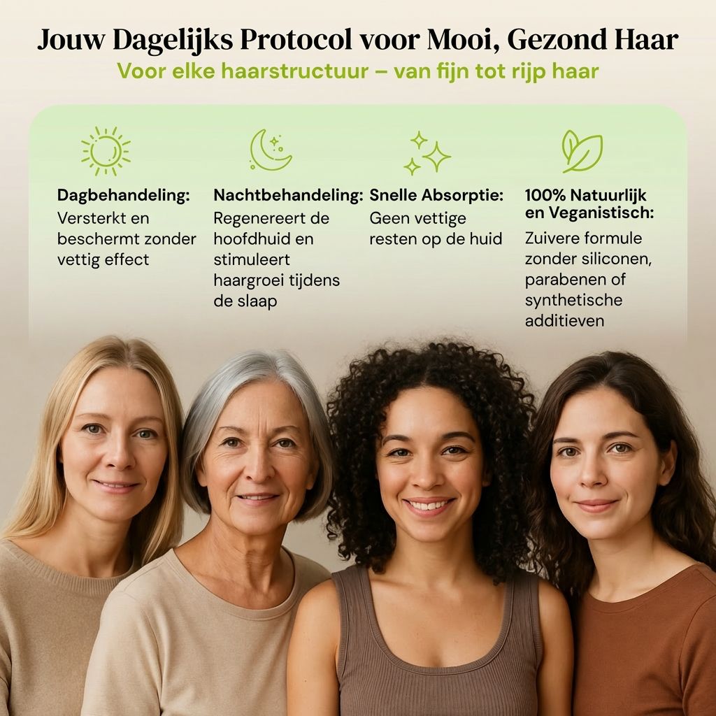 Vier vrouwen van verschillende leeftijden. Tekst: Jouw Dagelijks Protocol voor Mooi, Gezond Haar. 100% natuurlijk & veganistisch.