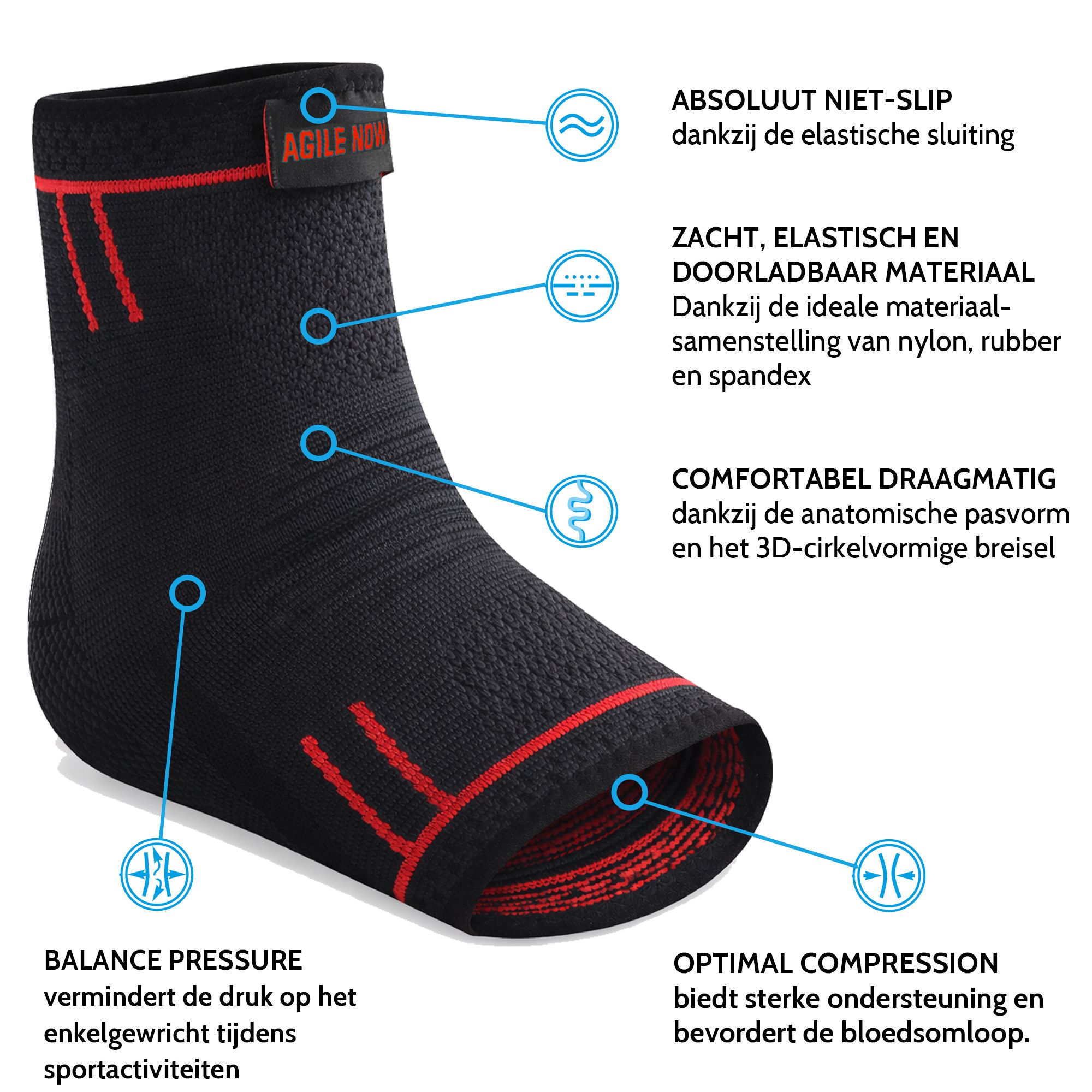 Zwarte enkelbrace met rode accenten. Tekst: AGILE NOW. Eigenschappen: antislip, ademend, comfortabel, balans, compressie.