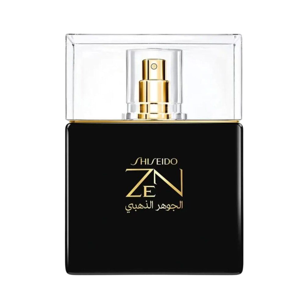 Zwarte flacon met gouden verstuiver en dop. Shiseido Zen Elixir De Oro, gouden tekst.