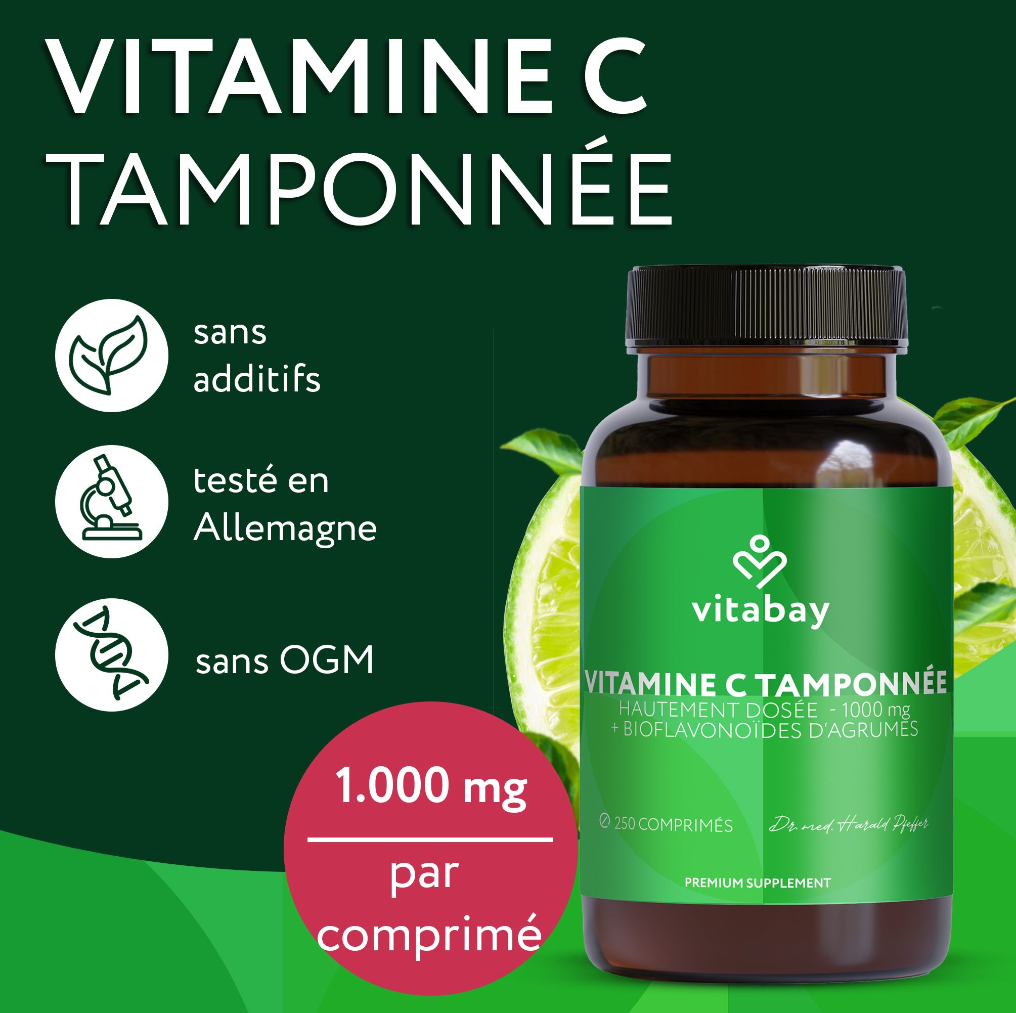 Flacon Vitamine C 1000 mg Vitabay près d'un couple souriant sur la plage.