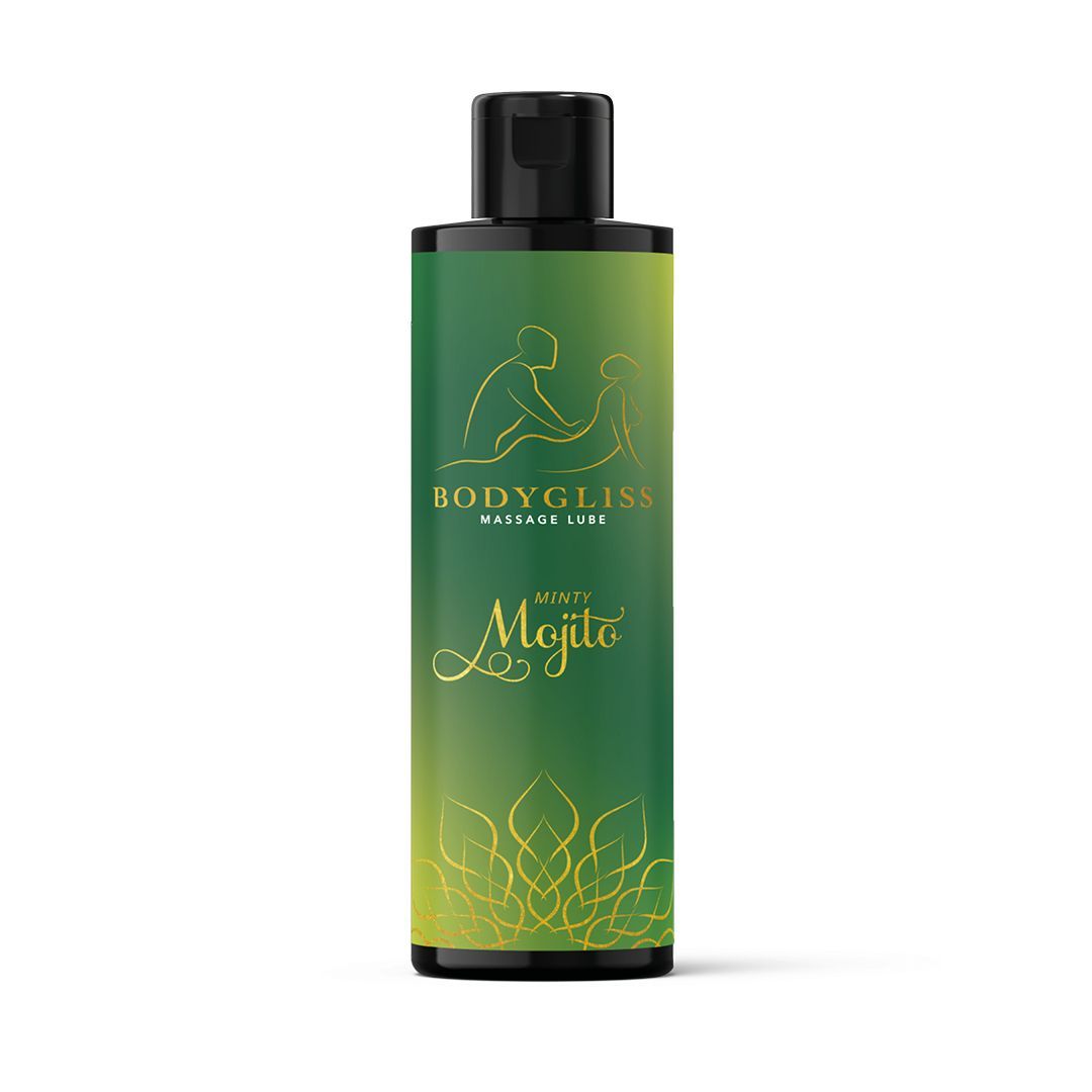 Flacon vert avec bouchon noir. Inscription: Bodygliss Massage Lube, Minty Mojito. Illustration dorée.