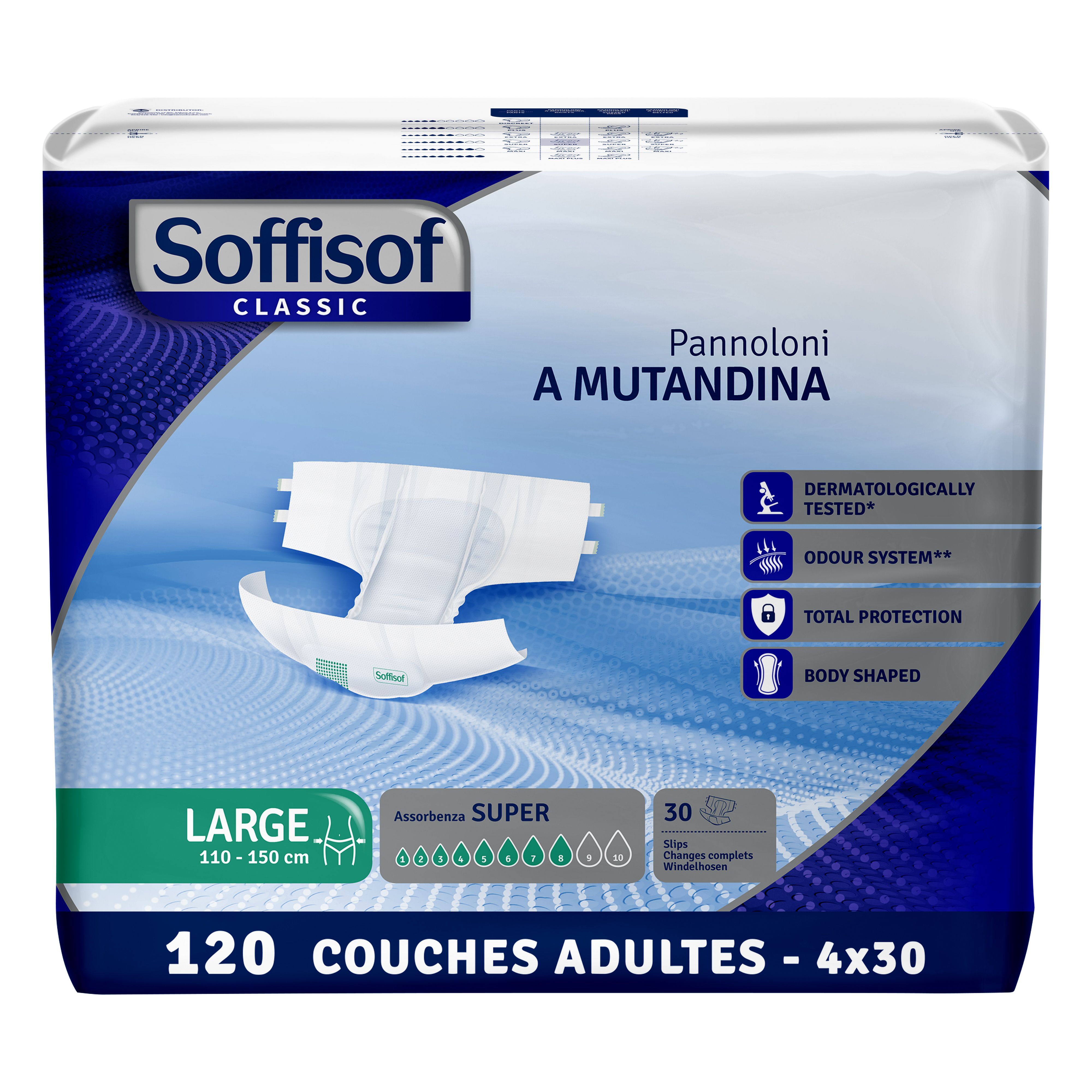 Couches Soffisof Classic Large, 110-150 cm. 120 unités. Super absorption. Testé dermatologiquement.