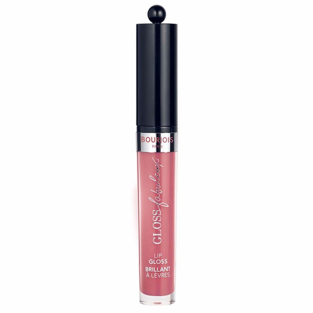 Gloss à lèvres en tube rose avec bouchon noir. Nom du produit et inscription "Gloss Fabuleux" visibles.
