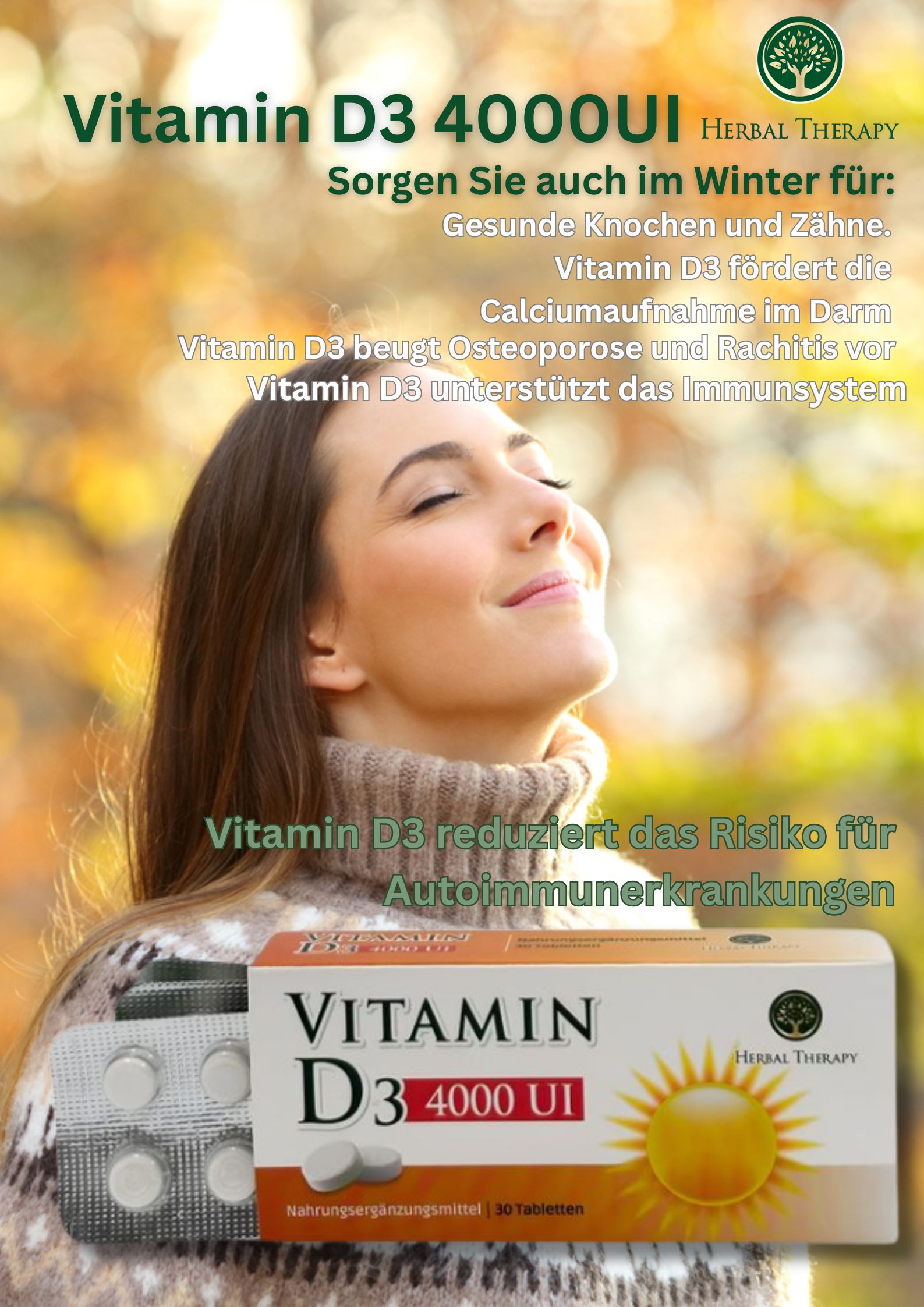 Reclamebeeld met vrouw en verpakking van vitamine D3 4000 IE. Tekst: Vitamine D3 4000 UI, Herbal Therapy. Bevordert gezonde botten en tanden.