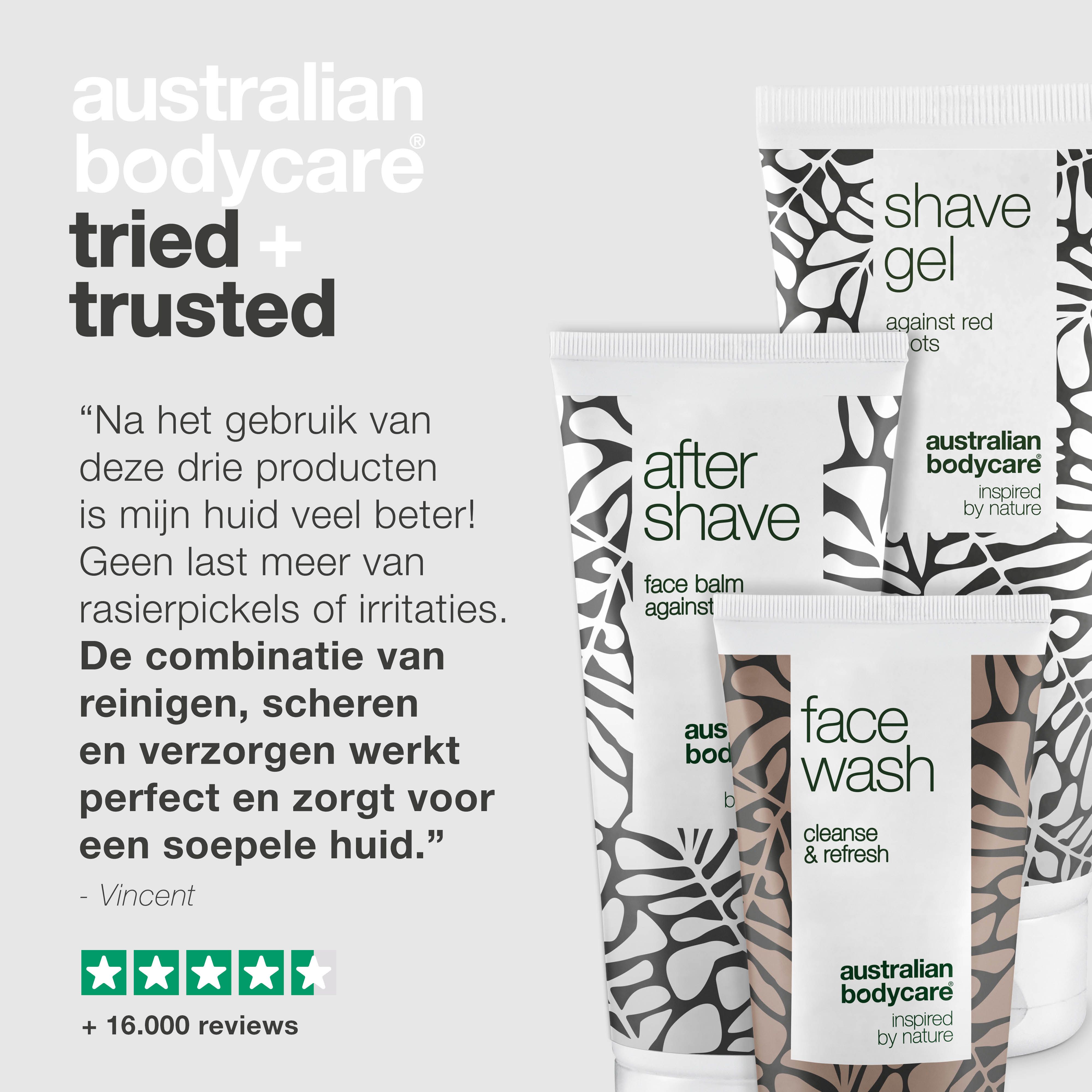 3 tubes. Opschriften: Shave Gel, After Shave, Face Wash. Merk: Australian Bodycare. Tekst: Tried + Trusted.