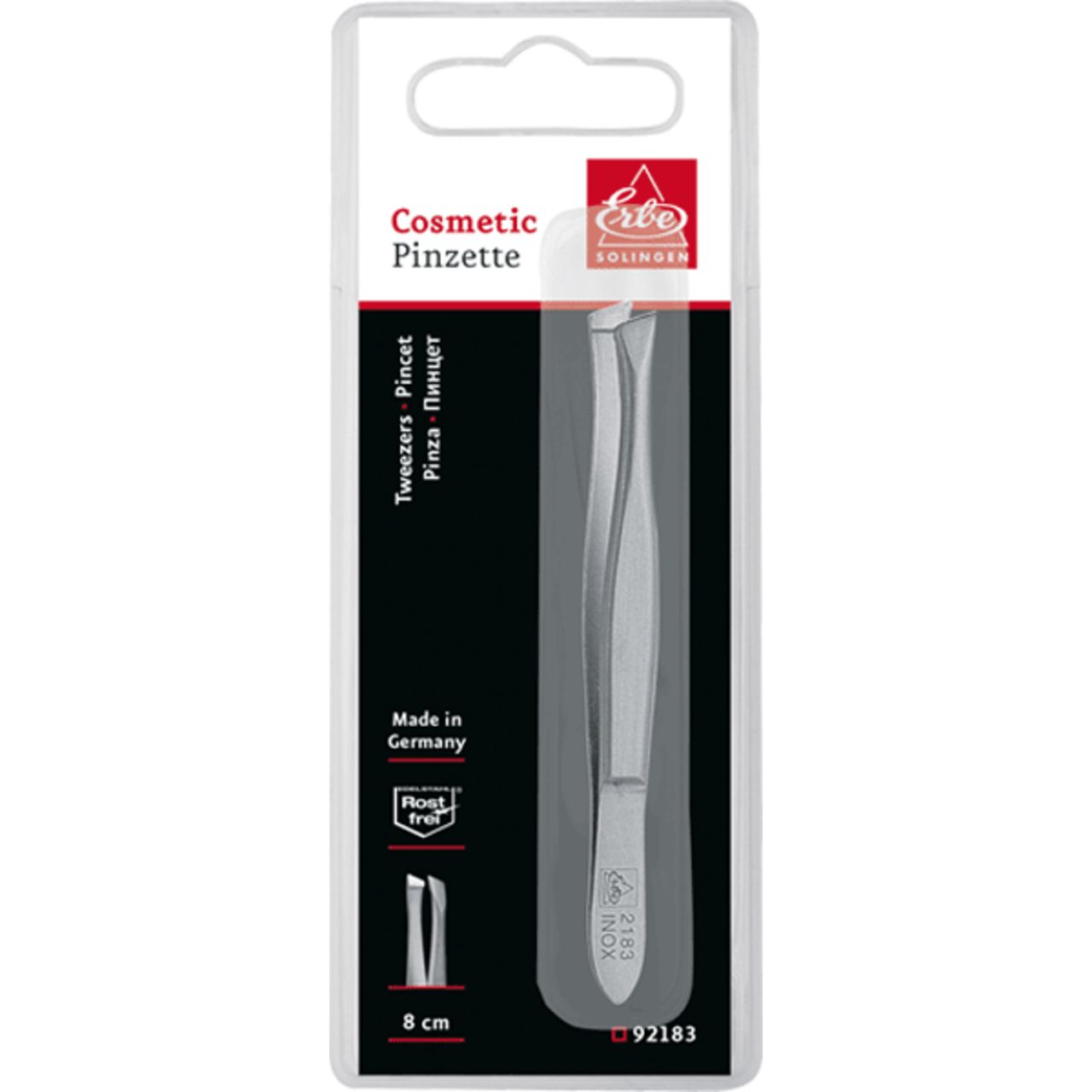 Pince à épiler en blister. Marque Erbe, Cosmetic Pinzette. Inoxydable. 8 cm. Fabriqué en Allemagne. Réf. 92183.