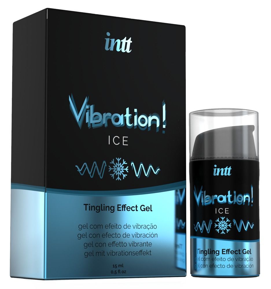 Productverpakking en fles. Verpakking: zwart, blauw. Fles: cilindrisch, zwart. Opschrift: INTT, Vibration! ICE, Tingling Effect Gel.