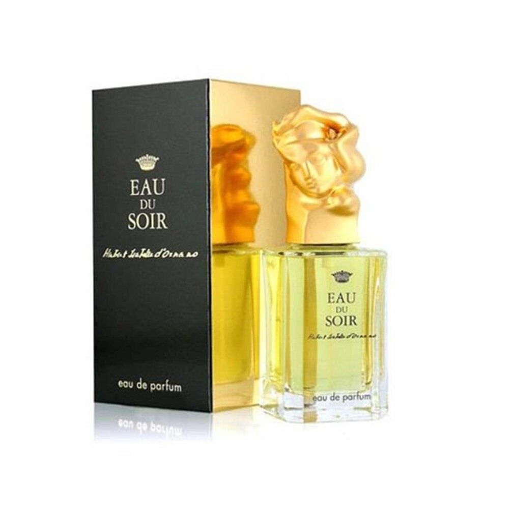Parfumfles en verpakking. Fles met gouden dop. Opschrift: Eau du Soir, Hubert Isabelle d'Ornano. Zwarte verpakking.