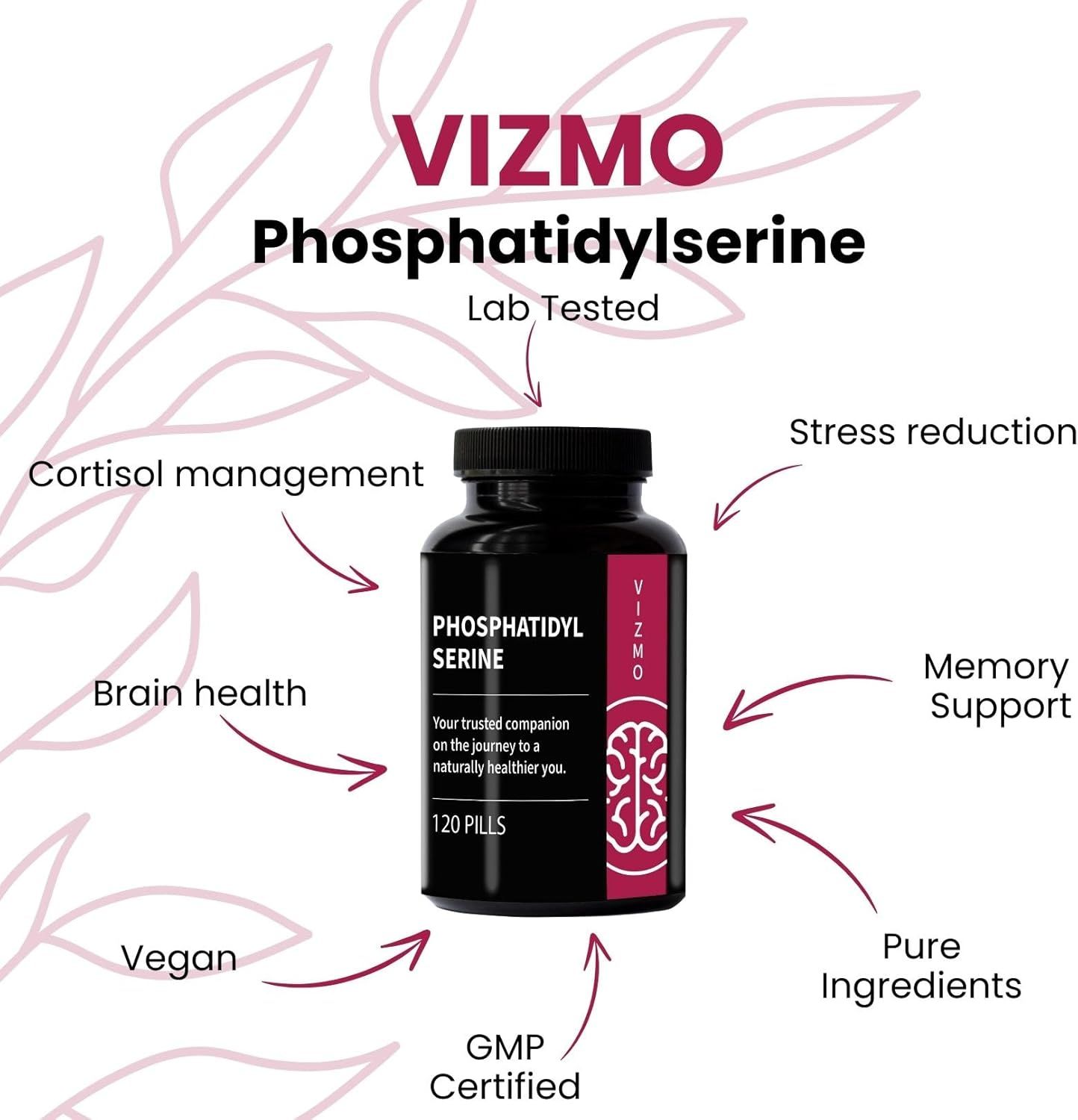 Flacon noir de gélules Vizmo Phosphatidylserine. 120 pilules. Certifié GMP. Végétalien.