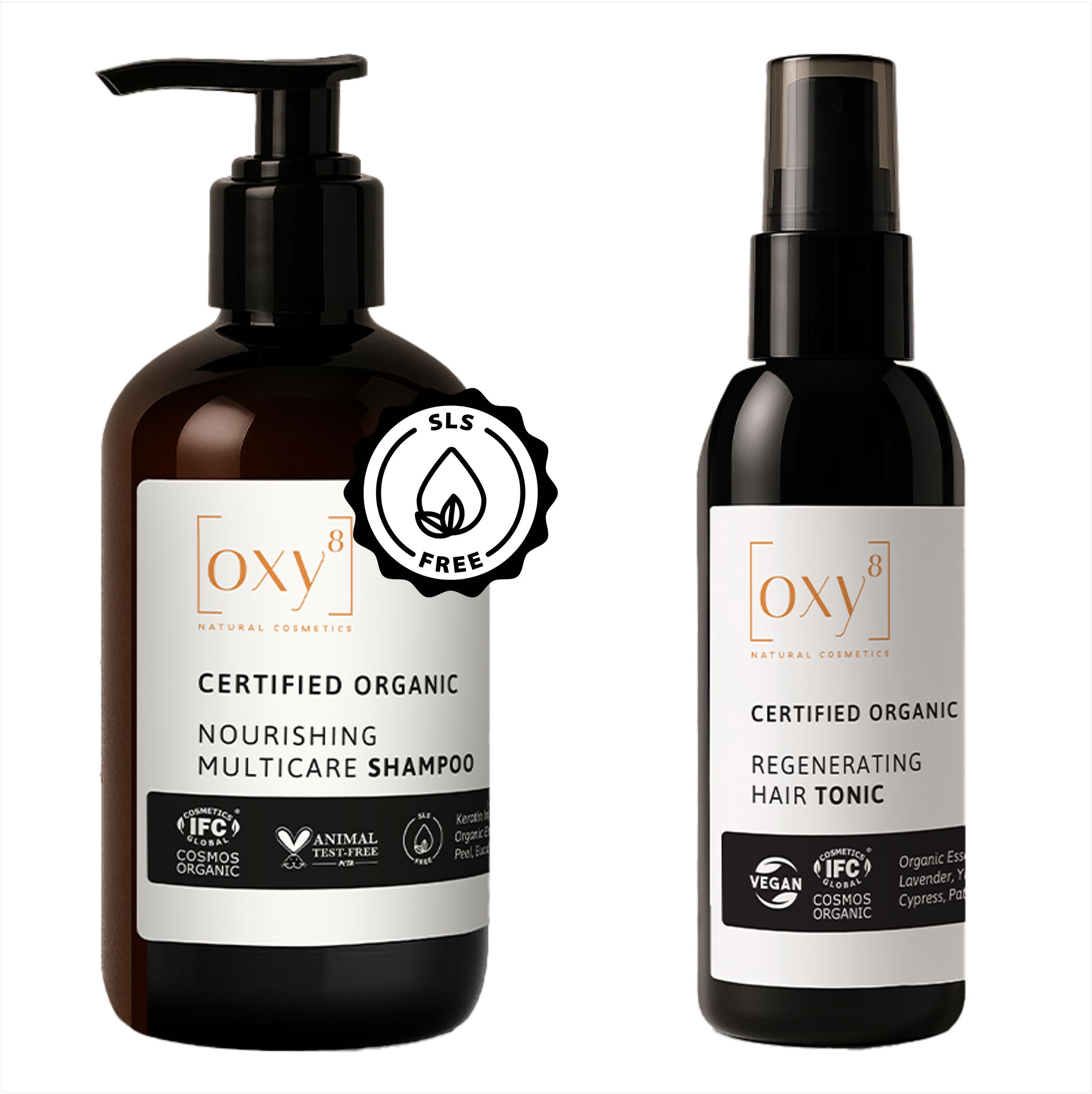 Deux flacons: shampooing et tonique capillaire. Brun foncé avec bouchon noir. Inscription: oxy8, biologique certifié.