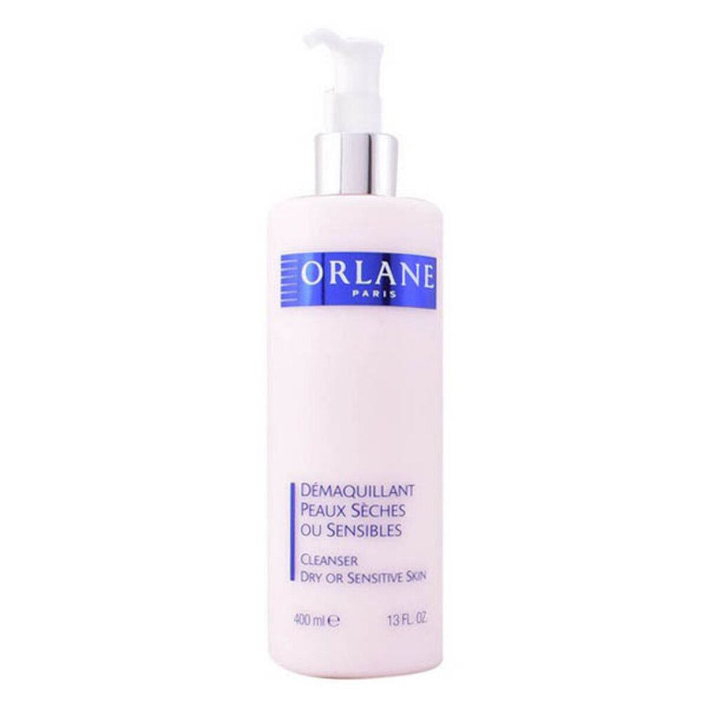Flacon rose avec pompe. Inscription : ORLANE PARIS, DÉMAQUILLANT PEAUX SÈCHES OU SENSIBLES, CLEANSER DRY OR SENSITIVE SKIN, 400 ml.