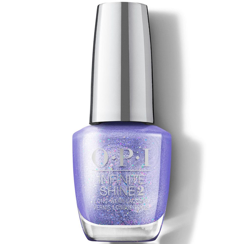 Vernis à ongles OPI Infinite Shine 2 violet avec bouchon argenté. Étiquette visible.