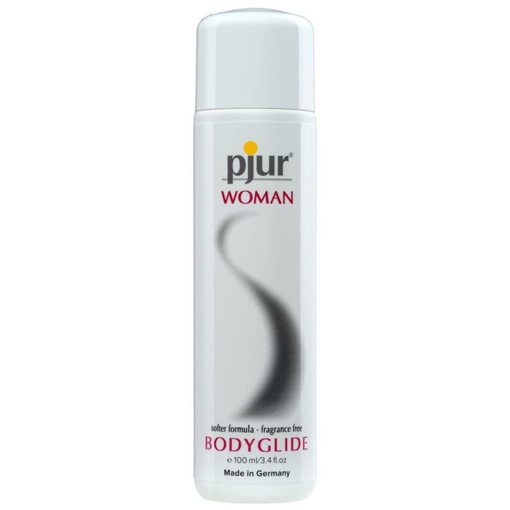 Flacon blanc avec logo "pjur woman". Texte : "softer formula fragrance free bodyglide".