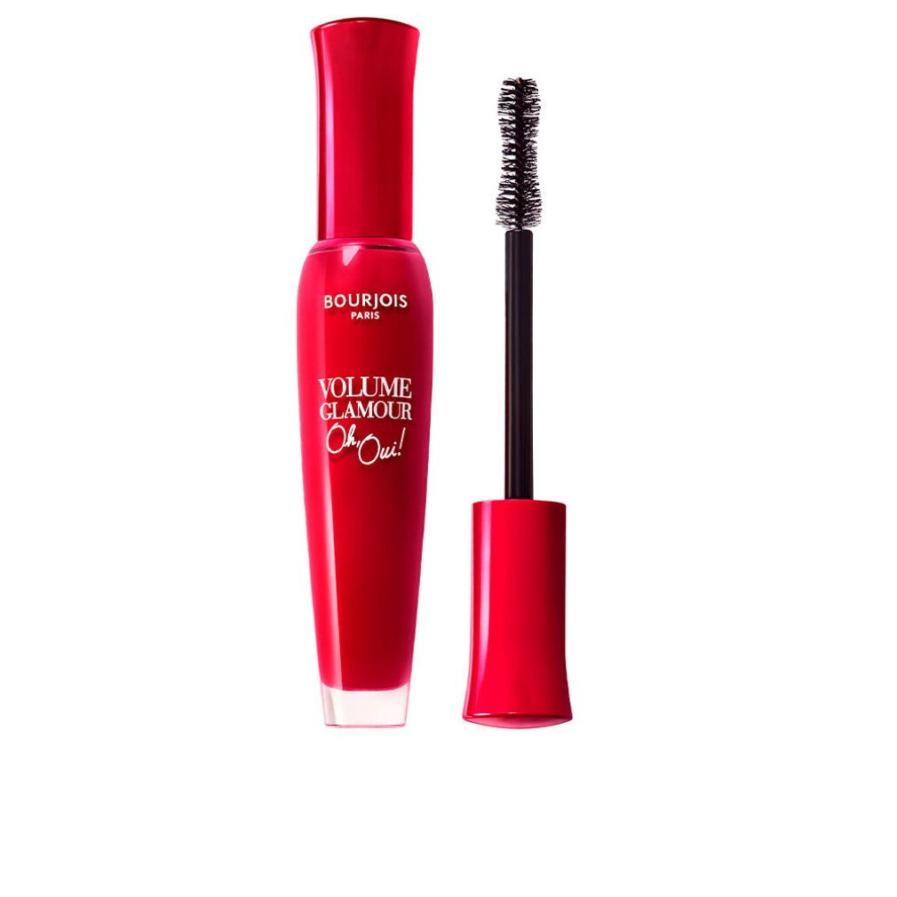 Brosse et flacon de mascara rouge. Inscription : Bourjois Paris, Volume Glamour Oh Oui. Brosse noire.