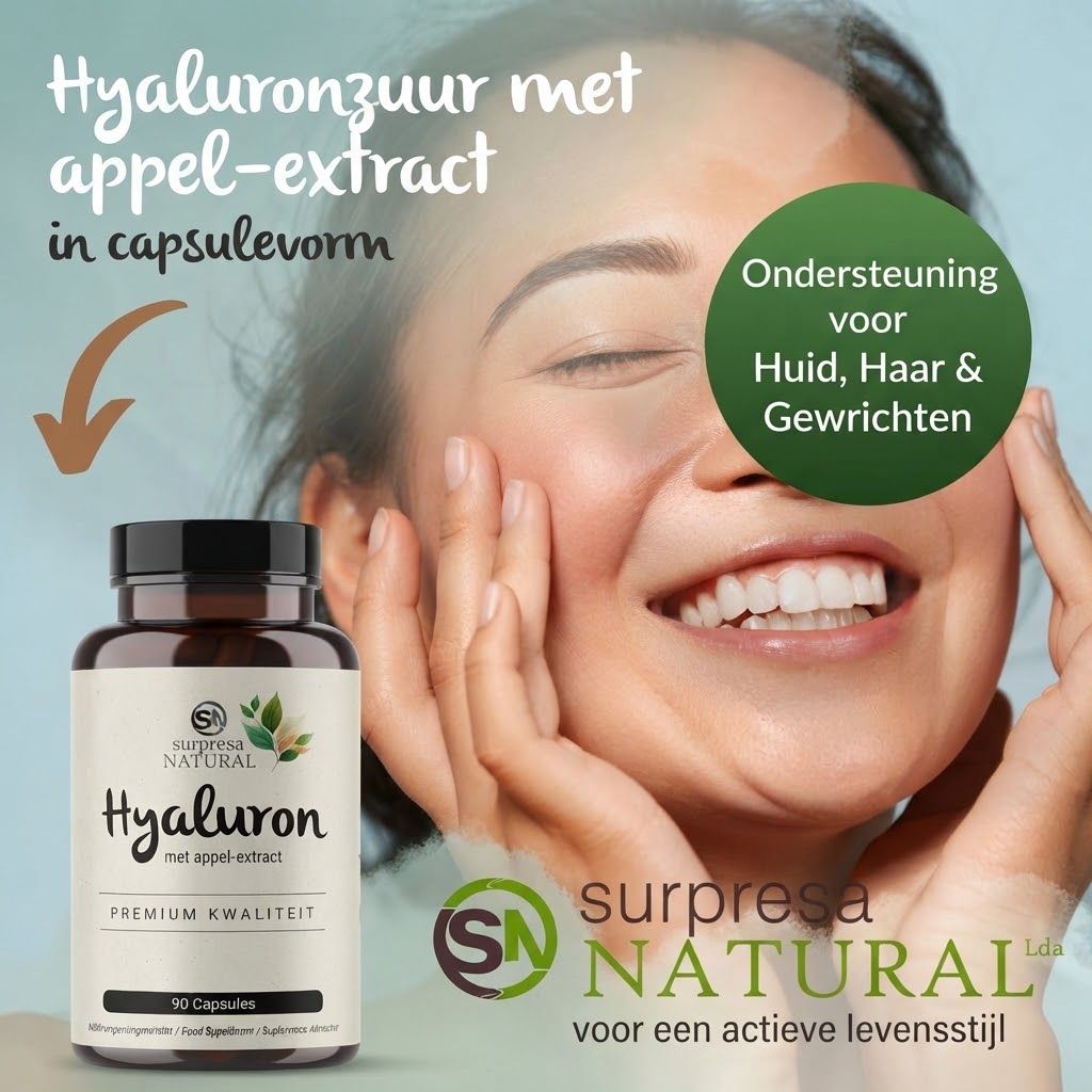 Informatie over Surpresa Natural Hyaluron capsules. Inhoud: Hyaluronzuur, appel-extract. Zonder gluten, suiker, lactose.