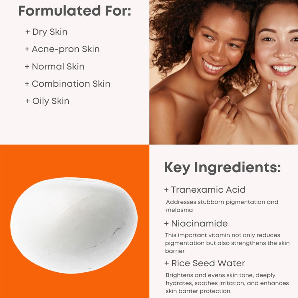 Twee vrouwen en een zeep. Tekst toont: Geformuleerd voor droge, acne-gevoelige, normale, gecombineerde en vette huid. Belangrijkste ingrediënten.