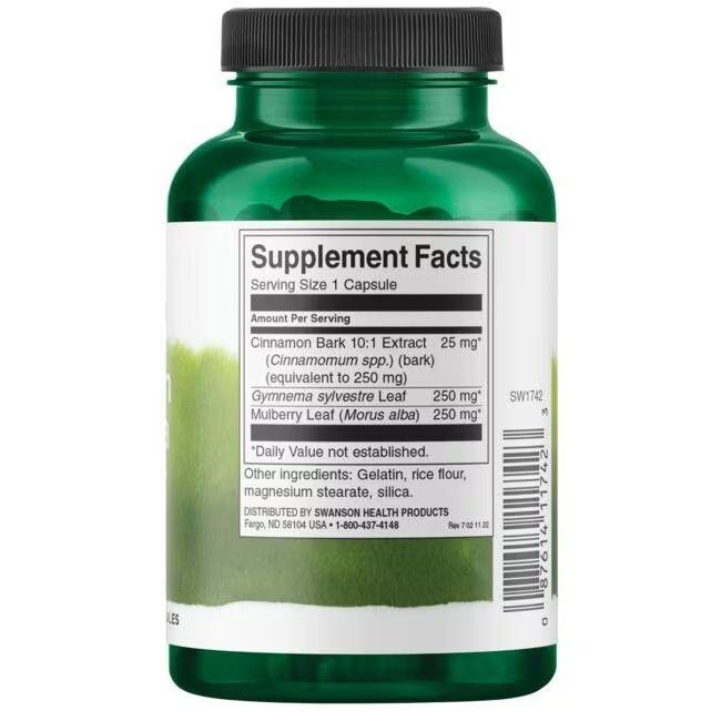 Dos d'une bouteille verte. Étiquette avec informations nutritionnelles. Ingrédients: Cannelle, Gymnema, Mûrier. Code-barres.