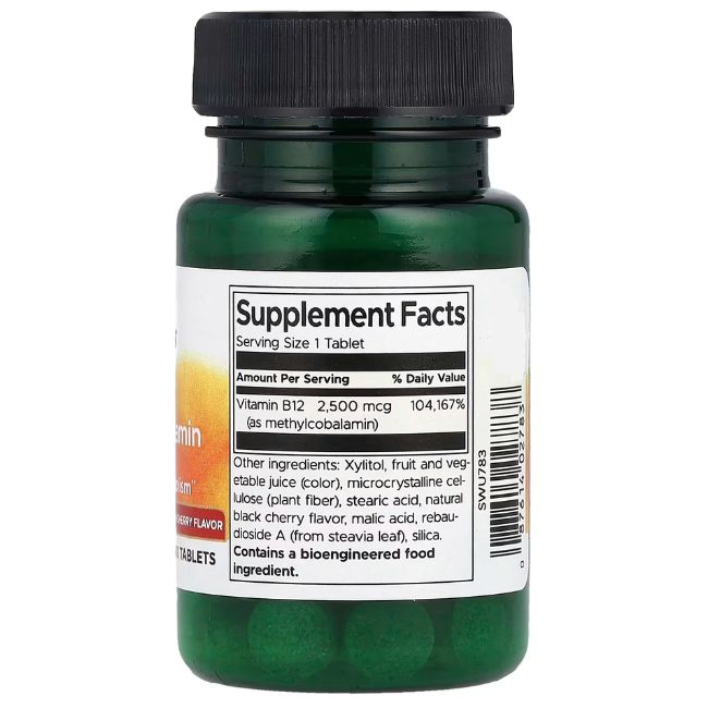 Dos d'un flacon vert avec bouchon noir. Étiquette avec informations nutritionnelles. Contient de la vitamine B12. Liste des ingrédients.
