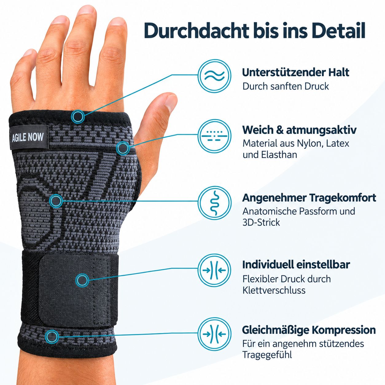 Orthèse de poignet avec description détaillée du maintien, du matériau, du confort et de la compression.