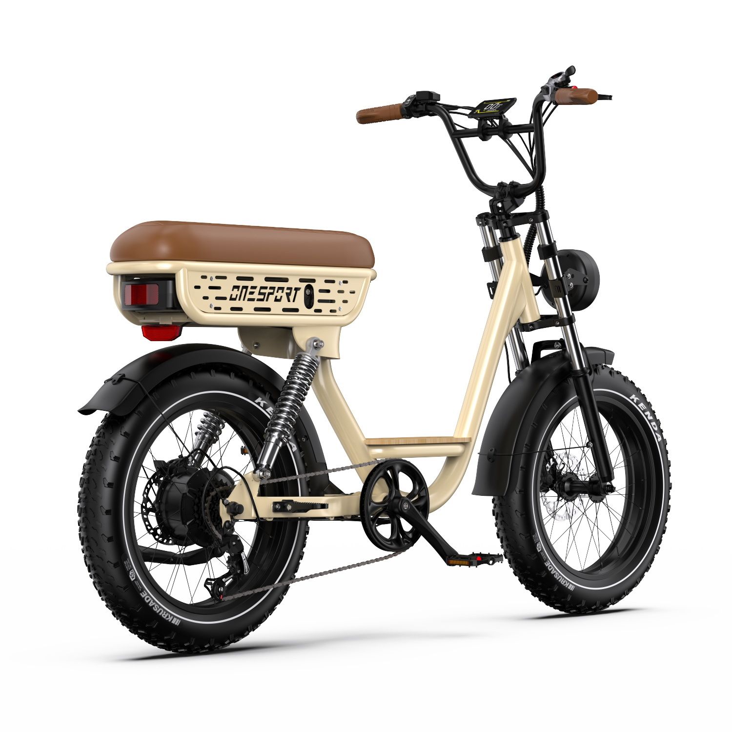 Vélo électrique beige avec selle marron. Pneus, garde-boue et guidon noirs. Feu arrière. Marque : ONESPORT.