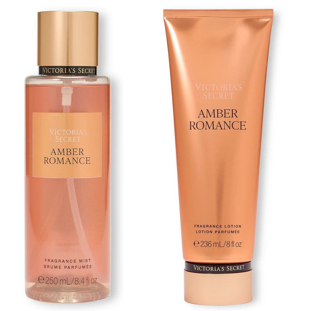 Victoria's Secret Amber Romance. Flacon et lotion. Flacon avec vaporisateur, bouchon doré. Lotion en tube, couleur dorée.