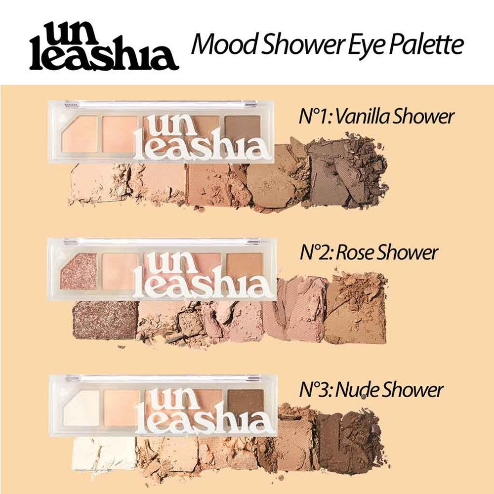 Trois palettes UNLEASHIA Mood Shower Eye. Chaque palette contient 5 teintes. Noms de produits et désignations de couleurs.