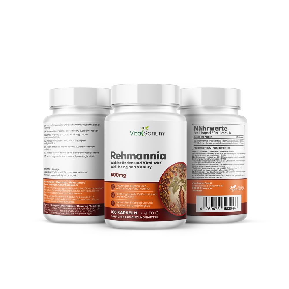 Drie witte flessen VitaSanum®-Rehmannia. Etiketten met productinformatie. Tekst: 500mg, 100 capsules.