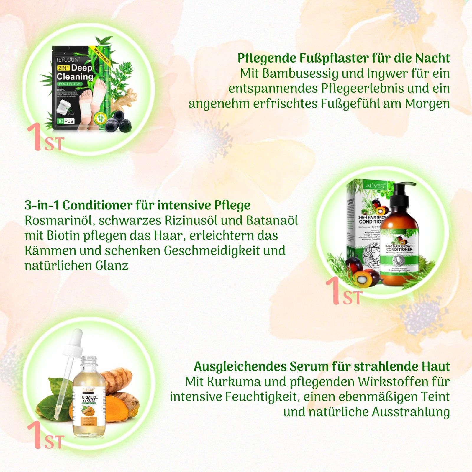 Collage: huidverzorgingsproducten zoals gezichtsolie, oogcrème en voetmasker.