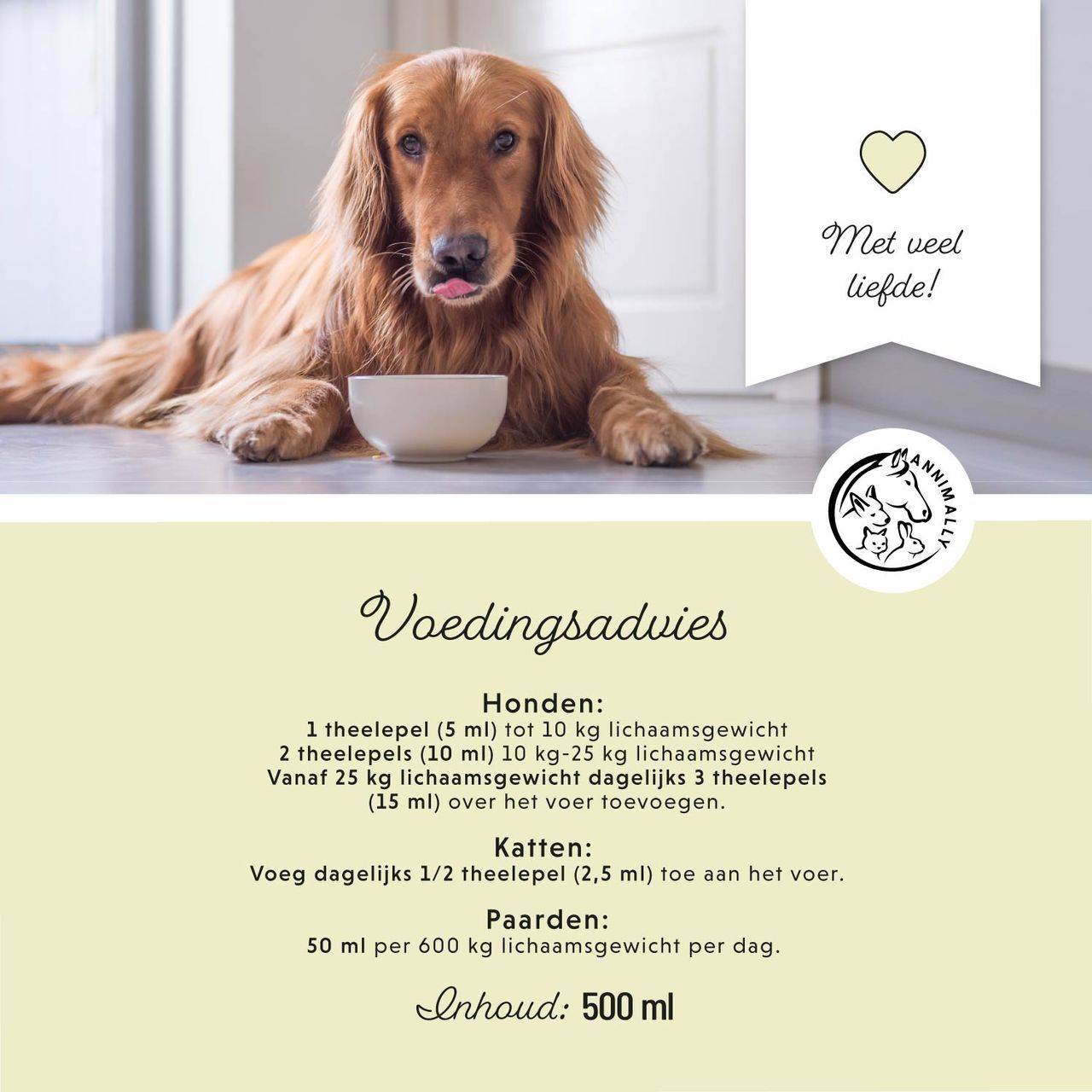 Dubbelhals doseerfles met lijnzaadolie. Praktische verpakking. Voor gemakkelijk schenken en doseren.