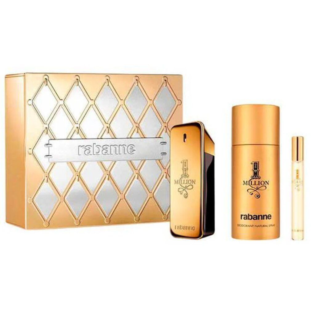 Geschenkset met gouden flacon, deodorant en verstuiver. Gouden doos met ruitpatroon en Rabanne logo.