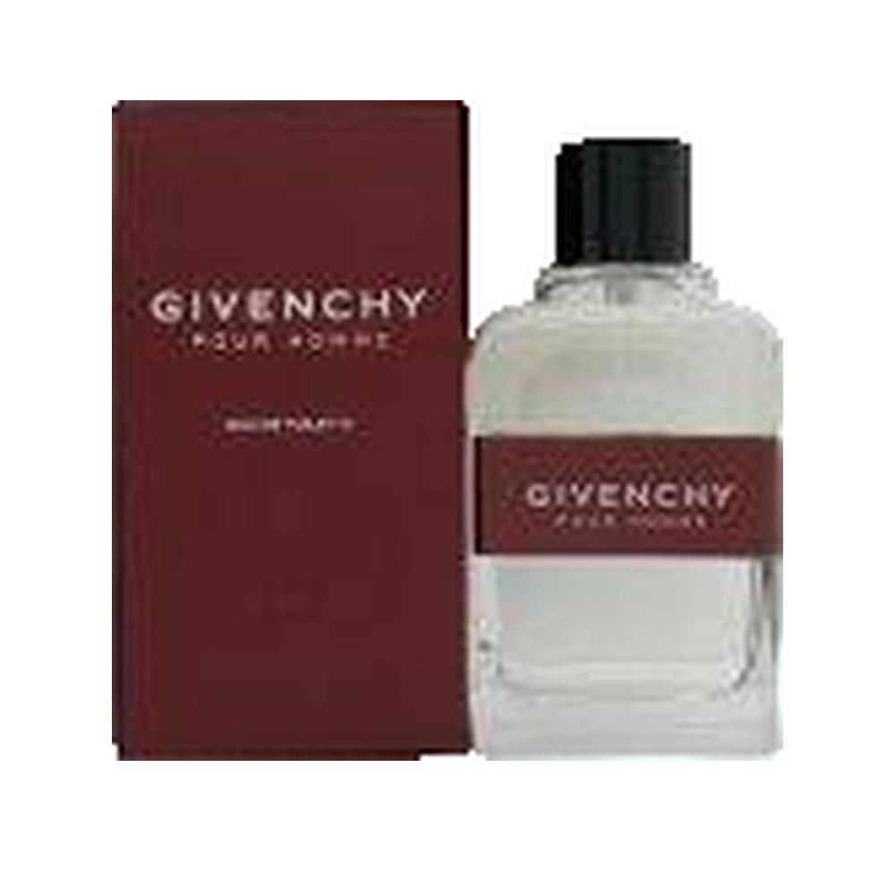 Givenchy Pour Homme Eau de Toilette. Flacon et emballage bordeaux. Bouchon noir. Inscription Givenchy.