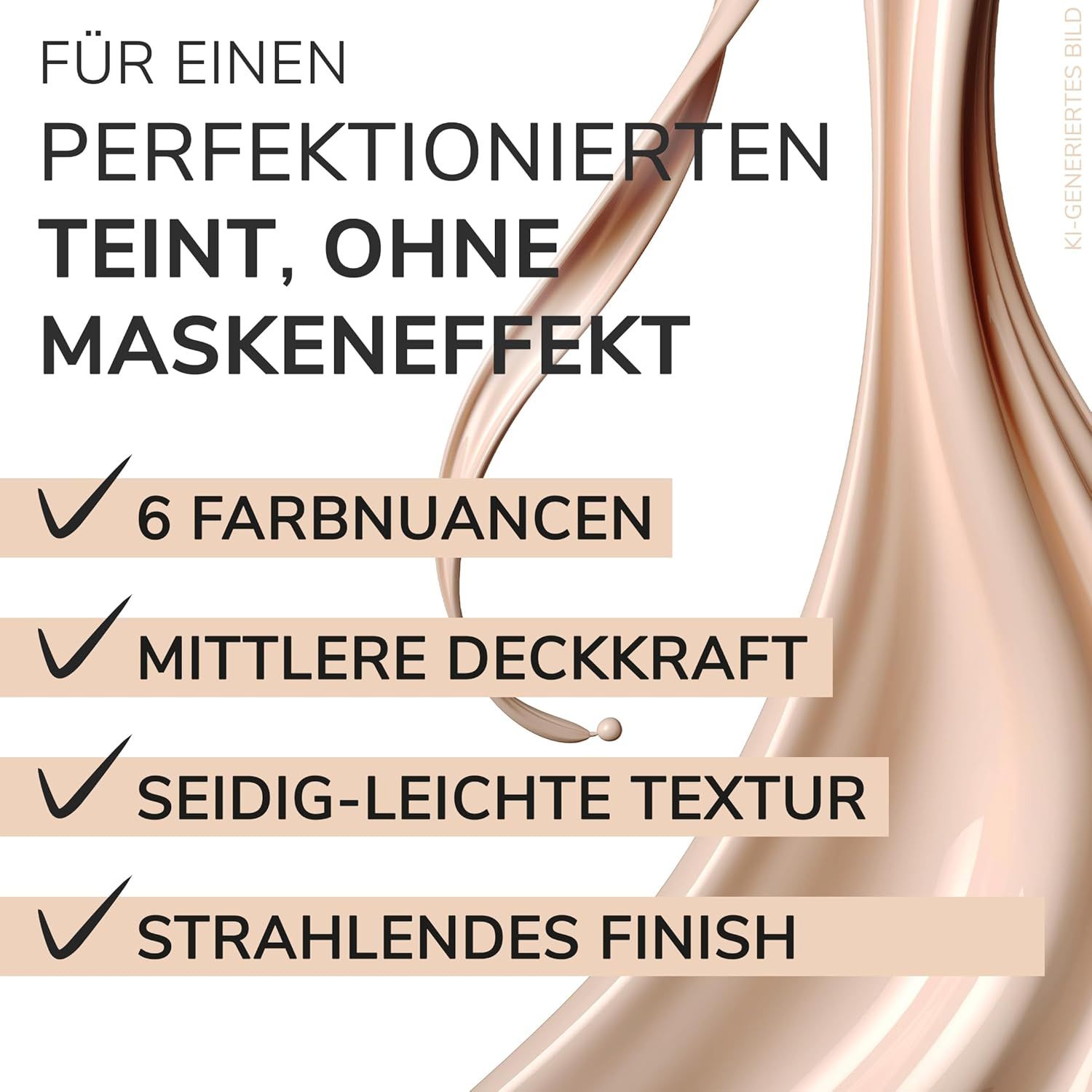 Texture de fond de teint liquide. Texte avec puces : 6 teintes, couvrance moyenne, texture soyeuse et légère, fini éclatant.