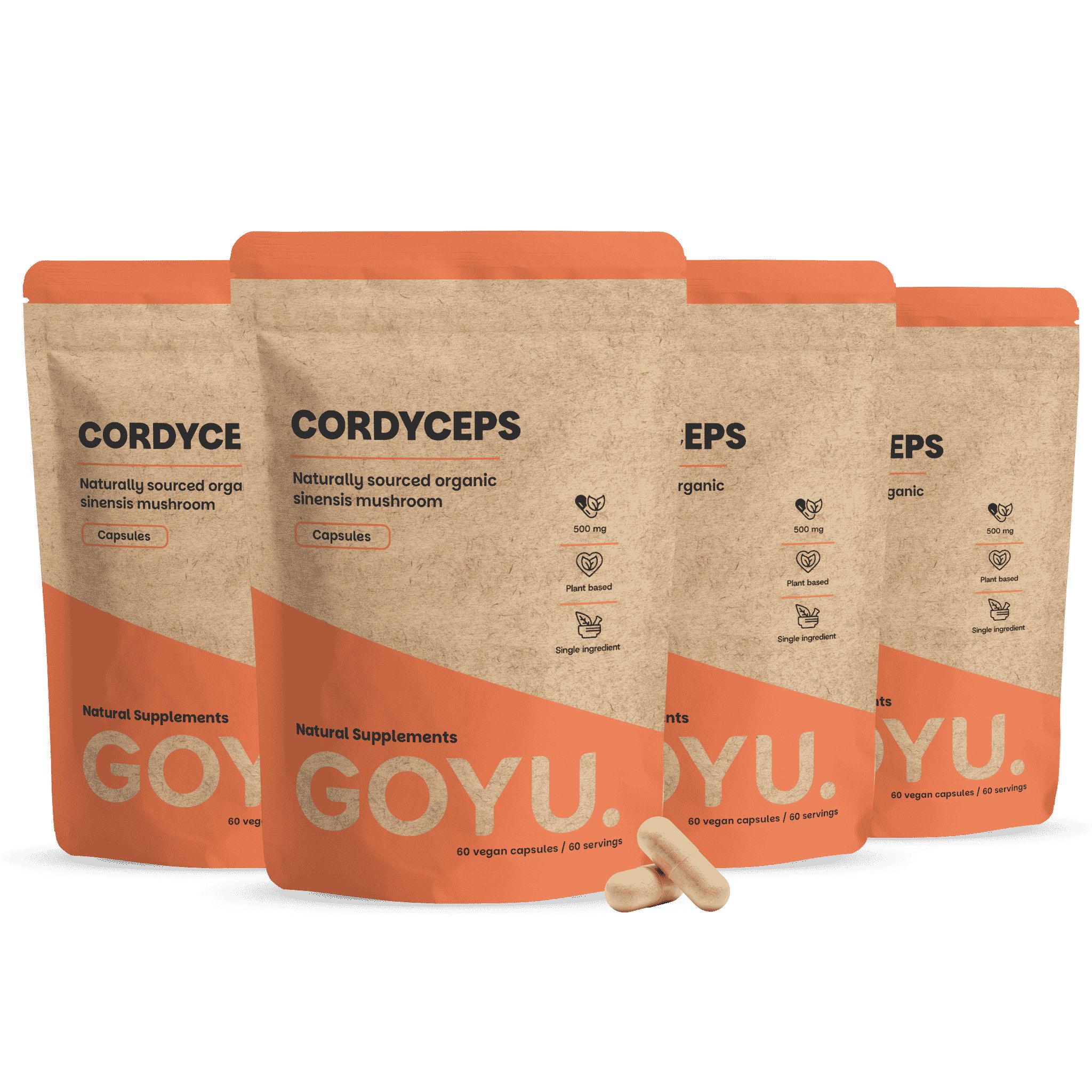 Quatre paquets de capsules de Cordyceps, dont un ouvert, avec deux capsules à côté.