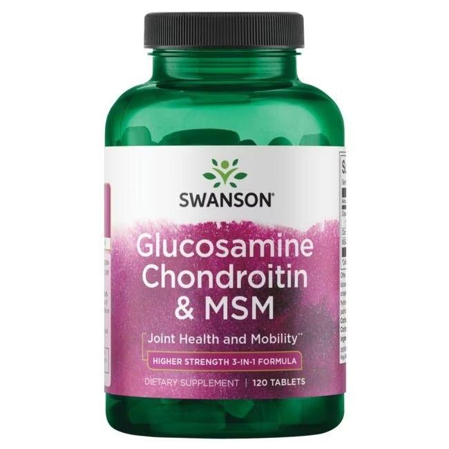 Flacon vert avec étiquette blanche. Inscription: SWANSON Glucosamine, Chondroïtine & MSM. 120 comprimés.
