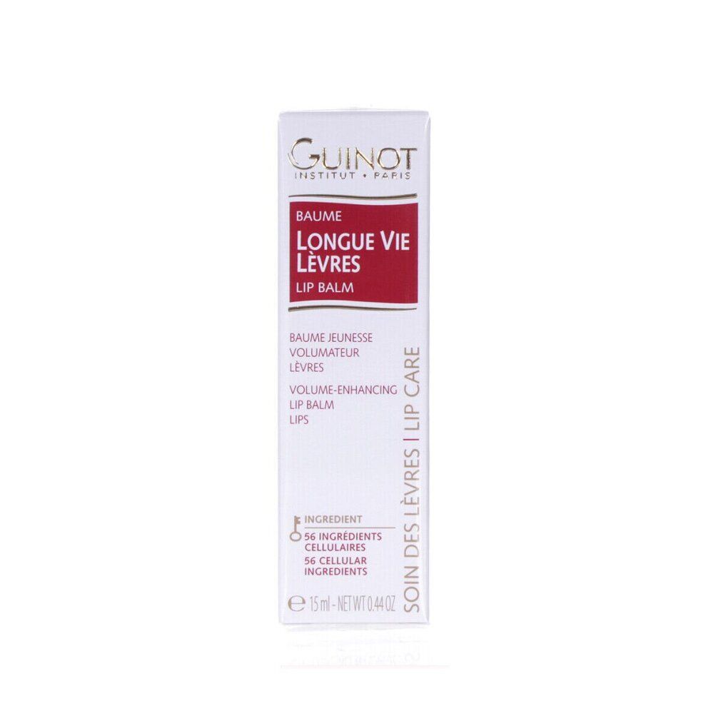 Emballage blanc avec Guinot, Longue Vie Lèvres, Lip Balm. Texte: Baume lèvres volumateur. Contient 56 actifs cellulaires. 15 ml.
