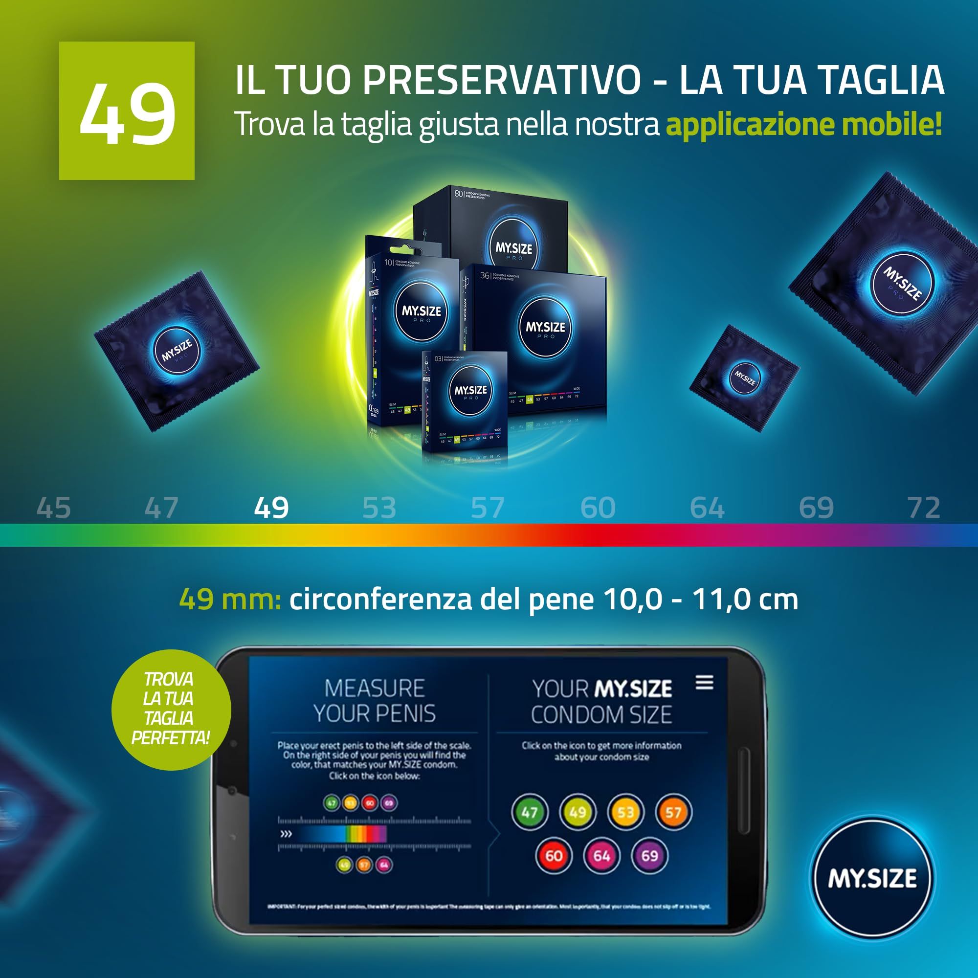 Préservatifs My.Size PRO 49mm. Aperçu des tailles et indication de l'app.