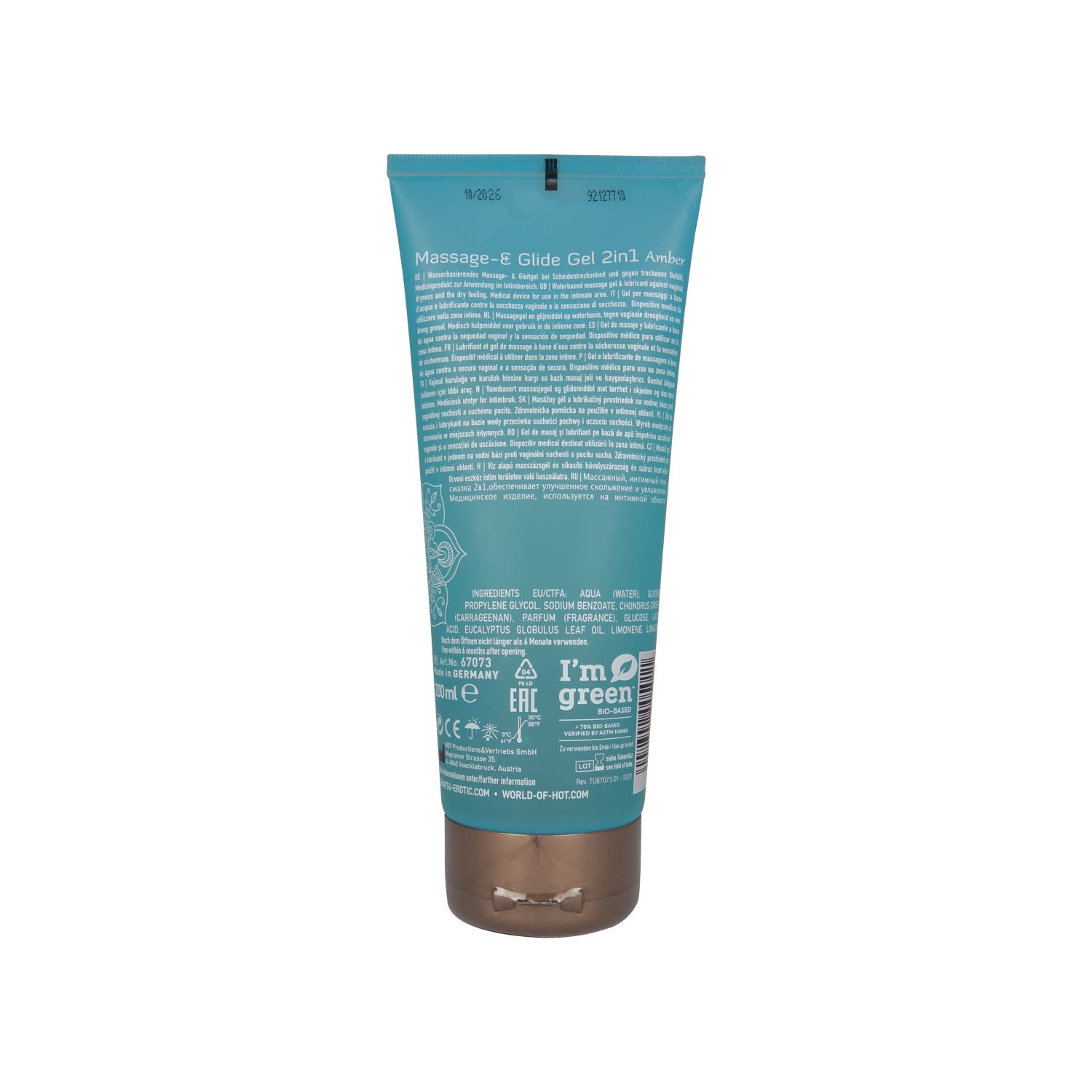 Achterkant van een turquoise tube met 2-in-1 massage- en glijgel, ambergeur.