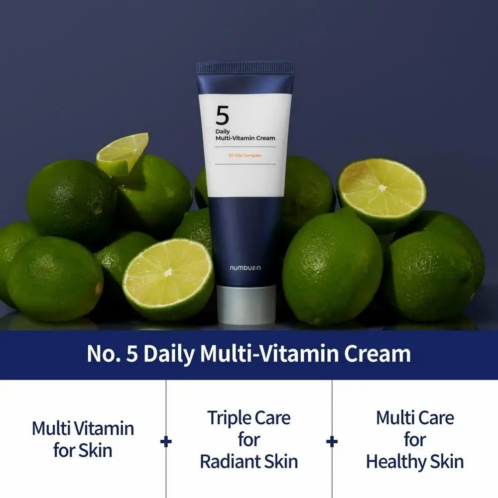 Crèmetube voor limoenen. Opschrift: No. 5 Daily Multi-Vitamin Cream. Tekst: Multi Vitamin for Skin, Triple Care for Radiant Skin, Multi Care for Healthy Skin.