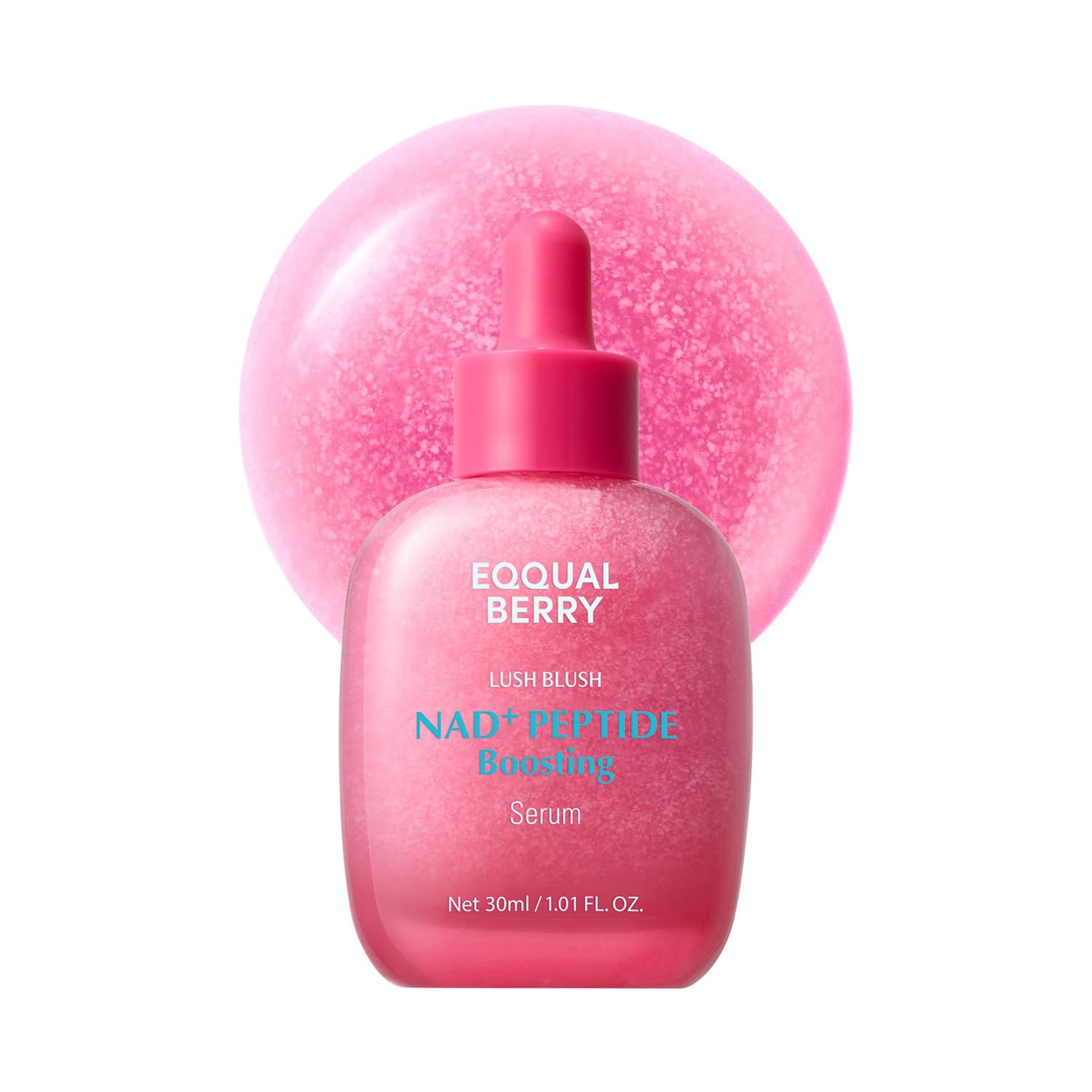 Roze serumfles met druppelaar, 30ml. Etiket: EQQUAL BERRY NAD+ PEPTIDE Boosting Serum.