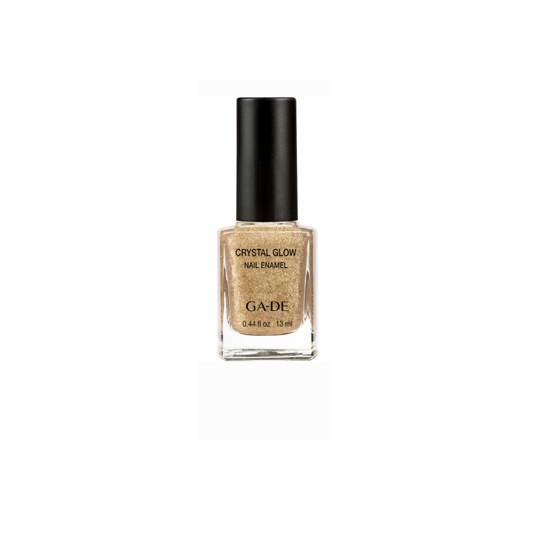 Vernis à ongles Ga-De Crystal Glow. Flacon carré en verre avec vernis doré et bouchon noir. Inscriptions : Crystal Glow, Nail Enamel, Ga-De.