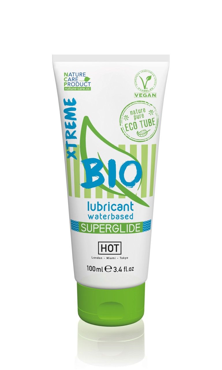 Tube blanc avec bouchon vert, étiqueté 'BIO lubricant waterbased SUPERGLIDE'.
