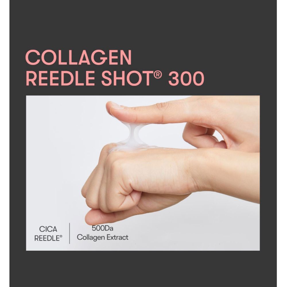 Handen met product. Tekst: COLLAGEN REEDLE SHOT 300, CICA REEDLE, 500Da Collagen Extract.